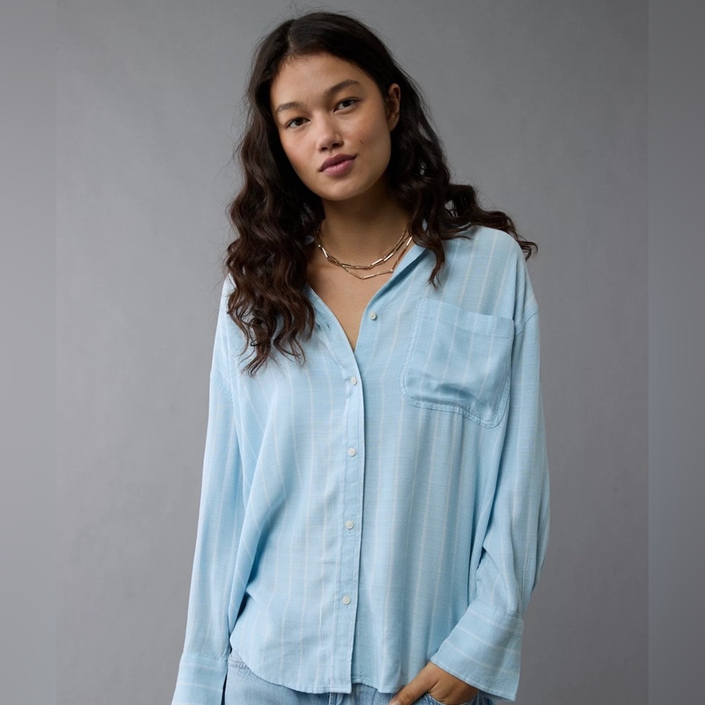 NWT Ladies XL American Eagle TIE BACK Light Blue Stripe Shirt